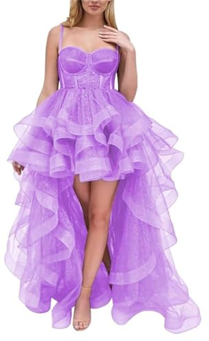 KURFACE Tulle Prom Abiti Da Spaghetti Cinghie Abito Di Sfera A Strati Increspature Alto Basso Homecoming Dress WSX481, Lilla, 52 Più