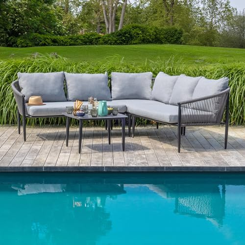 Salon de Jardin Exterieur Gris 5 Places Canapé d'angle en Aluminium et Corde Tressée - Salons de Jardin avec Coussin Gris Clair - Ensemble Canapé, sofa d'angle, fauteuil de jardin et table basse salon