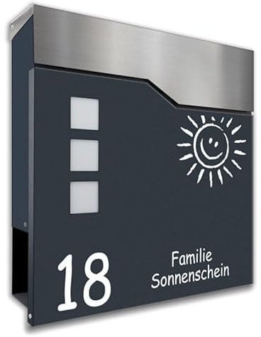 Zalafino Briefkasten anthrazit RAL 7016 mit Beschriftung - individualisierbarer Design-Briefkasten aus pulverbeschichtetem Stahl mit Zeitungsrolle und 3 Sichtfeldern