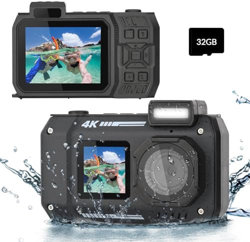 Underwater 4K Camera - 33 FT Waterproof with Dual Screens, 48MP, 18x Zoom, Black
