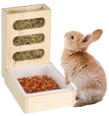 Relaxdays Heuraufe, mit Futterschale, Futterraufe für Kaninchen & Meerschweinchen, Heuspender zum Einhängen, Holz, Natur