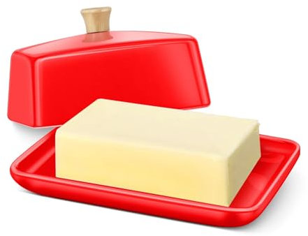 Flexzion Ceramic Red European Butter Dish with Lid for Countertop (8 Inch) - Wide 2 Stick Double Butter Holder for Counter, Cream Cheese Container Storage Keeper