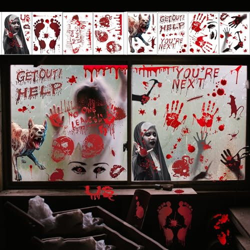 SUQ 8PCS Grandes para Ventana de Halloween, Adsorción Estática, Pegatinas con Huellas de Manos Gigantes y Sangrientas para Decoraciones de Casa