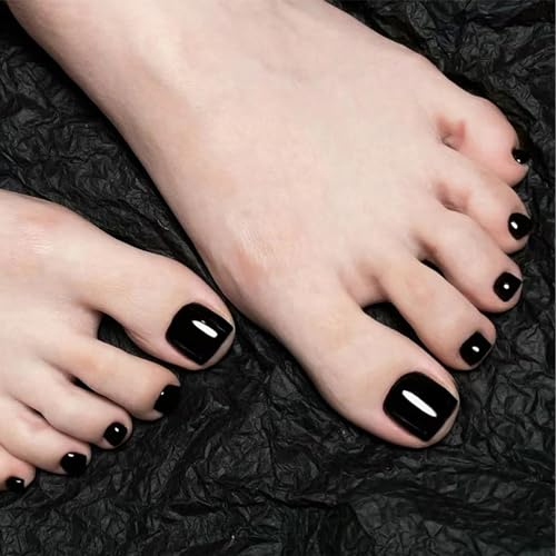 Irikdescia Lot de 24 ongles d'orteils carrés à presser avec design - Avec colle en gelée - À coller sur les ongles des pieds - Pour le nail art - Noir