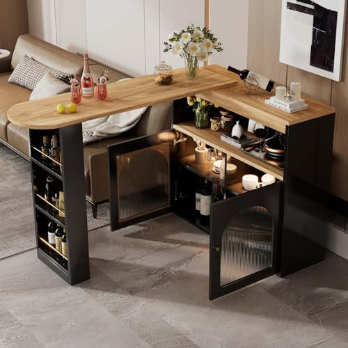 KOMHTOM Table de Salle à Manger Extensible Noir Meubles de Bar, ilot Central Cuisine avec Rangement et Plan de Travail,Meuble Cuisine avec Plan de Travail Table Haute contemporaine (Noir)