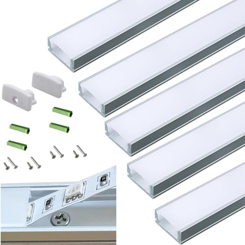 5-Pack Pre-Drilled Countersunk Hole 3.3FT/100CM LED Strip U Channel Diffuser, Hacksaw Easy Cut Flush Mounted Under Cabinet Tape Light Aluminum Track Low Profile with Mounting Spares