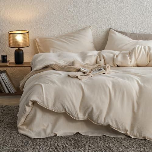 Sedefen Doppelte Musselin Bettwäsche 200x200 Baumwolle,Creme Bettwäsche Sets Beige ÖKO-TEX Bettwäsche mit Reißverschluss,Bettbezug mit 2 Kissenbezüge 80x80 cm