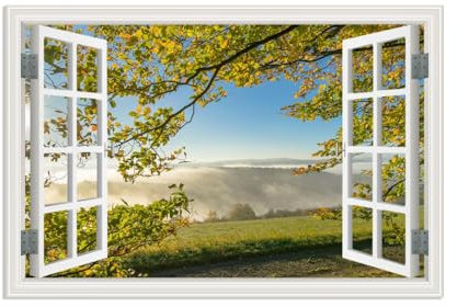 MOBYAT Quadro su tela Finestra con Vista,Montagna di foglie gialle autunnali,Quadro Finestra Paesaggio Montagna,Quadri Finestra Effetto 3D 120x80cm(47x31in) Quadro interno