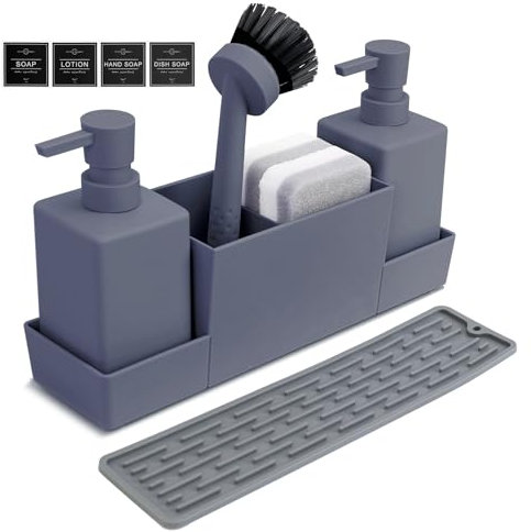 Haisheng 1 Set Kitchen Soap Dispenser, Grey 2 Pack Soap Dispenser Bottle with 3 Pumps, Sponges, Brush, Drainer Tray, 350ML Shampoo Lotion Bottle for Kitchen and Bathroom
