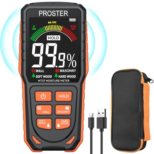 Proster Medidor de Humedad Digital de Pared Recargable Detectores de Humedad Higrómetro Profesional de Pared Sin Aguja con Pantalla LCD y Alarma Audible Para Madera, Paredes, Yeso, Mampostería