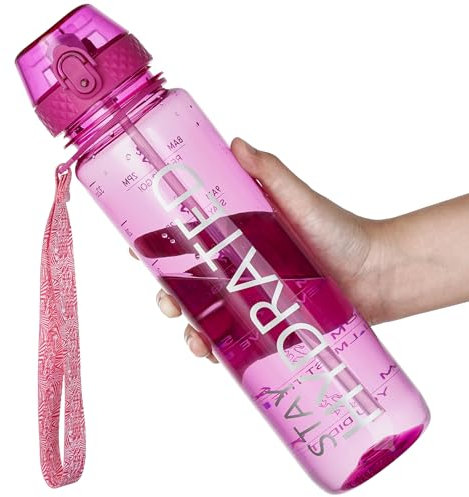 OLDLEY 1L Sports Water Bottle with Straw, Tritan 1 Litre Motivational Drink Bottle, BPA Free Leakproof Transparent Water Bottle with Time Marker for Cycling, School, Gym, Outdoor (Rose)