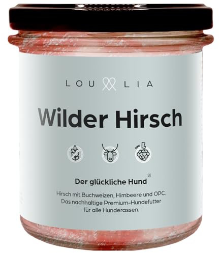 Lou und Lia Nassfutter für Hunde - Wilder Hirsch - Hundefutter mit 100% frischem Fleisch, Getreidefrei & Monoprotein - Buchweizen, Himbeere, OPC - Für alle Hunde (4X 290g Gläser) (4 x 290 g)