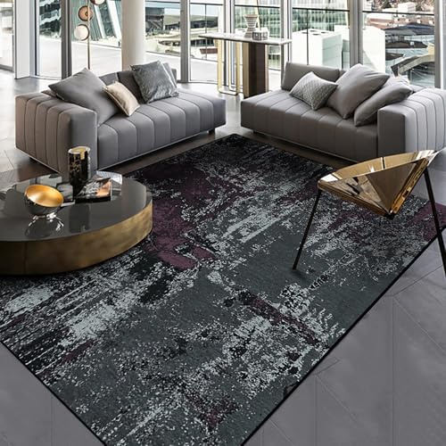 LWQZJ Grau violetter Teppich moderner Abstrakter weicher Kurzflor Druck rutschfeste waschbare Fußmatte für Zuhause Wohnzimmer Restaurant Schlafzimmer Küchenläufer (80×120cm)