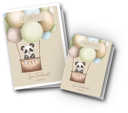 U-Heft- und Impfpass Hüllen Set personalisiert, Untersuchungsheft mit Name und Geburtsdatum, viele Tiermotive, Geschenk zur Geburt, Taufe, Schutz UHeft und Impfpass (Panda)