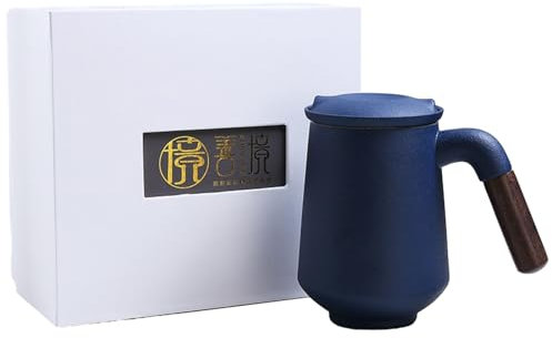 380ml/13oz Coarse Ceramic Frosted Mug With Wooden Handle And Filtered Tea Water Separation Cup-Ji Lan (box set)