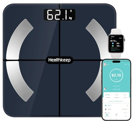 Healthkeep Personenwaage, hohe Genauigkeit, Körperwaage, Bluetooth, mit App, 13 Gesundheits-Metriken, für Android und iOS, max. 180 kg/400 lb/28 st, Blau