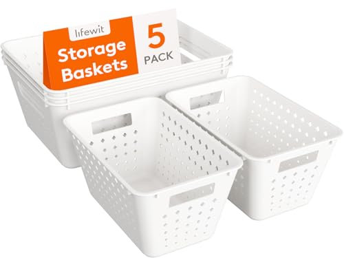 Lifewit Juego de 5 cestas de almacenamiento de plástico, apilables para organizar, contenedores abiertos multitamaño, para estantes, cocina, baño, oficina, armario, 3 grandes y 2 pequeños, color negro