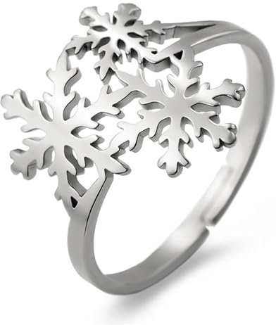 LIKGREAT Schneeflocken Ring Winter Eis Einstellbare Größe Ringe für Frauen Edelstahl Weihnachtsschmuck (Silber, Anpassbar)