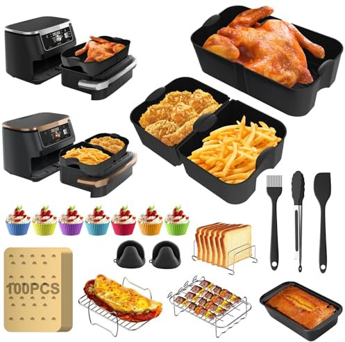 Lot de 20 accessoires de friteuse à air chaud, pour Ninja AF500EU, avec 1 insert en silicone Airfryer de 10,4 l et 2 inserts en silicone Airfryer de 5,2 l, grille de cuisson, papier sulfurisé, plaque