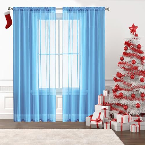 Gardinen Kurz Vorhang Stores Gardine 120 x 190 cm Transparent in Leinen-Optik Waschbar in Vielen Bunten Farben Modern Schlaufenschal, Balkontür Gardine für Fenster, Zuhause, Terrasse, Himmelblau