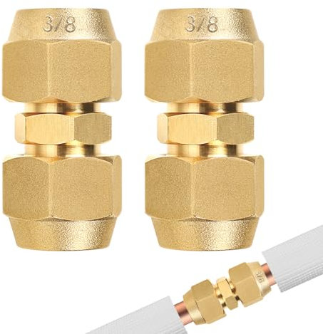 SUPAWAY 2 boquillas dobles para tubos de cobre de 3/8 pulgadas, aire acondicionado, extensión de tubo de cobre, sin soldadura, diámetro del tubo de cobre de 9,52 mm, accesorios con 2 tuercas de unión