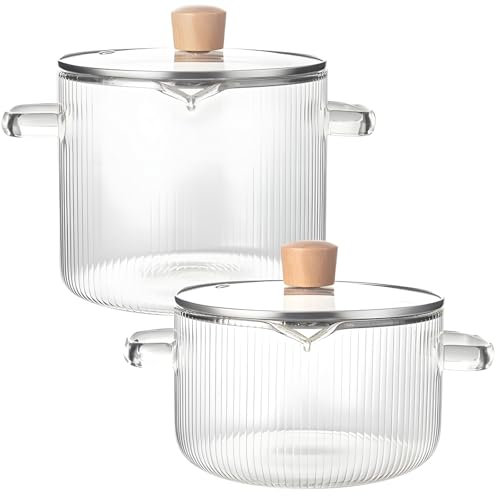 Set di 2 pentole in vetro borosilicato, resistenti al calore, con coperchi in legno, adatte al microonde e alla lavastoviglie