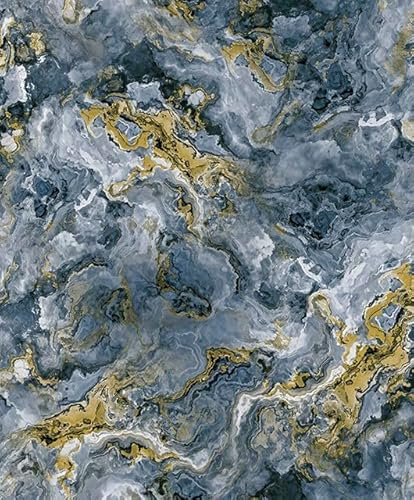 WPE® Heavyweight Vinyl Wallpaper – Liquid Marble Design in Navy Blue with Gold Marble Veins, Textured Washable Finish, Luxury Wallcovering for Living Room, Bedroom, Feature Walls – Easy to Hang 62538