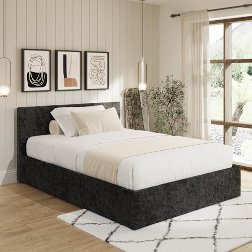 GFW End Lift Ottoman Bed Frame, 4ft Small Double Black Crushed Velvet Storage Bed with Gas Lift Ottoman Base, Upholstered Bedroom Furniture