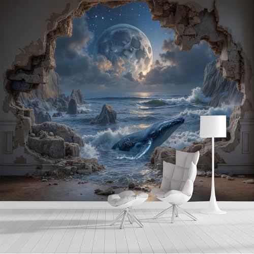 ZISTRCBAO 3D-Wandloch Ozean Wal Wandbild Wanddekoration, 200x140cm Panorama Poster Wandbild Tapete Fantasy-Kunst, Blau Seide Wandtapete Für Büro Flur Schlafzimmer Wohnzimmer Dekoration