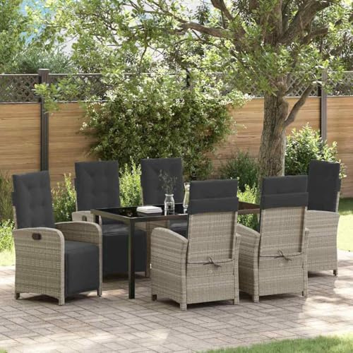 QJBSAVVA 7-teiliges Outdoor-Esstisch-Set Hellgrau 160x80x73 cm Stapelstühle mit Verstellbarer Rückenlehne Poly-Rattan Gartenmöbel für Balkon Terrasse Garten