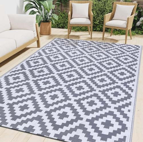 smiry Outdoor Rug Waterproof Large Garden Rugs UV-Resistant Outside Patio Carpet Reversible Plastic Straw Mat for Balcony, Camping, Picnic, Backyard - 180 x 270 cm, Grey & White