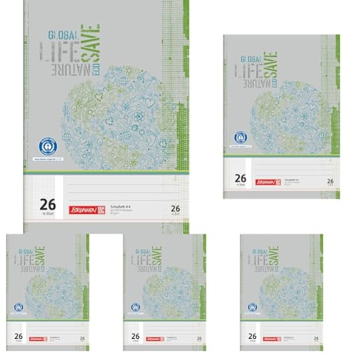BRUNNEN Schulheft Recycling | A4, Lineatur 26, 16 Blatt, grün/grau (Packung mit 5)