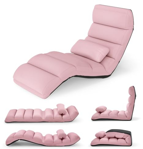 COSTWAY Sillón Cama Plegable en 5 Posiciones, Silla de Suelo con Respaldo Ajustable, Sofá Perezoso Individual con Reposacabezas Ideal para Jugar, Dormir, y Leer, Capacidad de Carga de 100 kg (Rosa)