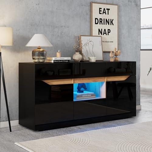Gxffipw Sideboard Wohnzimmer mit 2 Türen und 4 Schubladen, Kommode Buffetschrank mit LED-Licht und Grifflose Design, Wohnzimmerschrank, Beistellschrank, Schrank Schwarz+Holzfarbe, 140x40x70 cm