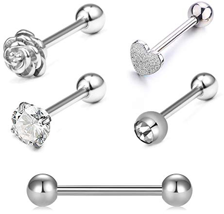 Crdifu 3-5er Silber Zungenpiercing Barbell Set Chirurgenstahl 1.6mm Stab 16mm Bars Piercing Zunge Schmuck