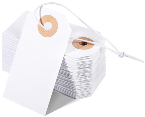 Yopeissn 100 Stück Leere Etiketten mit Elastischer Schnurmarkierung, Hängeetiketten, Befestigtes, Verstärktes Loch, Beschreibbare, Leere Etiketten, Langlebig, Einfach zu Verwenden, 2,75 X 1,37