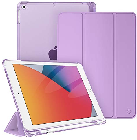 Fintie Funda iPad 9.ª Gen 2021 10,2 Pulgadas (8.ª / 7.ª Gen 2020/2019) con Soporte Integrado para Pencil - Trasera Transparente Carcasa Ligera Auto-Reposo/Activación, Lavanda
