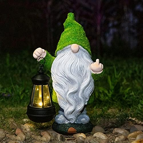 ANYUETE Statuettes de nain de jardin floqué avec lumières solaires, grandes figurines de jardin amusantes pour extérieur, terrasse, cour, pelouse, maison, ferme, sculptures, cadeaux, blanc