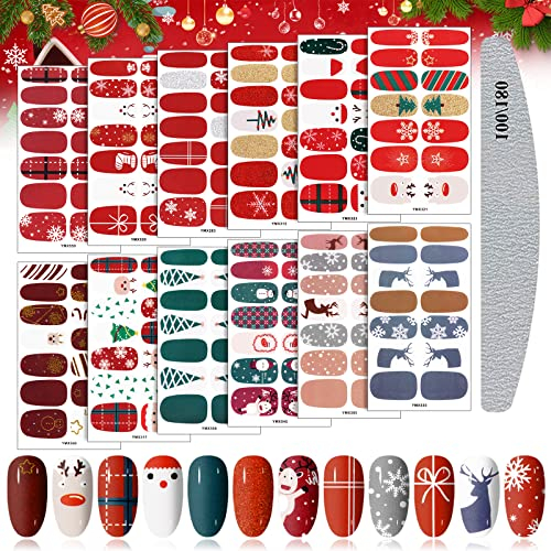 Kalolary 12 Sheets Christmas Full Wraps Christmas Self-Adhesive Nail Polish Stickers Decals with 1Pcs Nail File Deer Snowman Xmas Tree Nail Stickers for Women Girls Nail Art Design