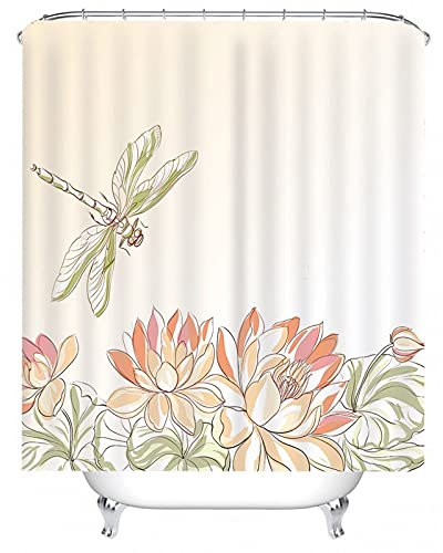 Banemi Shower Curtain 3D, Shower Curtain Anti Mould Hellgrün Seerose & Libelle Polyestergewebe 180X180cm für Eck Dusche mit 12 Duschvorhangringen