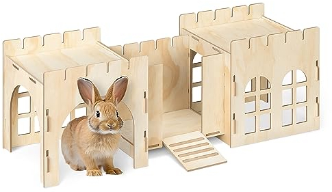 Navaris Hasenburg aus MDF 69 x 24 x 25,5 cm - Kaninchenhaus Nagerhaus Hasenhöhle zum Zusammenstecken - Holz Schloss für Kaninchen Hasen naturbelassen
