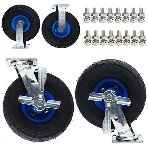 WORDFUN Möbelrollen Schwerlast 200mm 250mm 4er Set, Luftreifen Gummi Rollen Mit Bremse, Schrauben & Metallplatten, Leise Lenkrollen - Stoßdämpfung/Abrieb/Rutsch, Für Rollwagen, Werkbänke