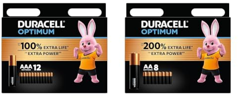 Duracell Batterie Optimum AAA(pacco da 12)-alcaline da 1.5V-Fino al 100% di extra durata & Batterie Optimum AA(pacco da 8) Alcaline da1.5V -Fino al 200% di extra durata