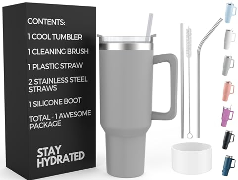 Re Tech UK - 40oz Tumbler with Straw and Lid + 2 Stainless Steel Straws & Silicone Boot, 1.2 litres, Insulated Cup - Travel Mug with Handle - Travel Tumbler with Straw and Lid, Grey