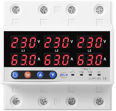 Jadeshay Protettore di Sovratensione e Sottotensione,AC220V 63A Stabilizzatore di Tensione con Doppio Display LED Relè di Ripristino Regolabile,Protezione Trifase a Bassa Tensione