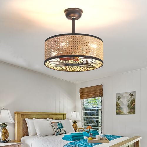 Ventilador De Techo De Ratán Luz Con Mando A Distancia Timer Silencioso Casa De Campo Ventilador Techo Luz Vintage Reversible DC 6 Velocidades Ceiling Fan with Light Para Dormitorio Comedor