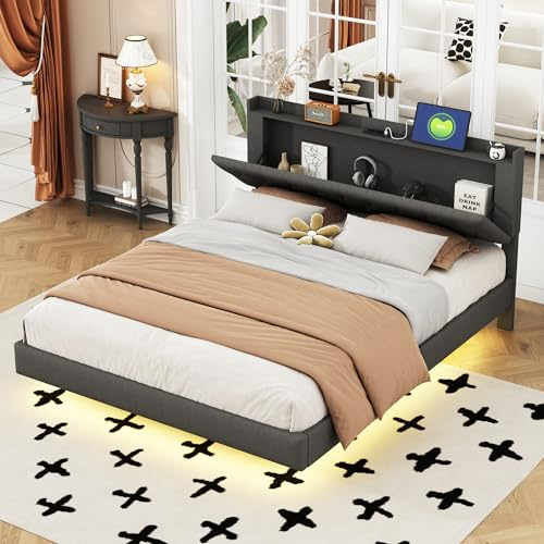 WIZBED Bett 160x200 mit L-E-D und USB, Polsterbett mit höhenverstellbar Stauraum Kopfteil, Doppelbett mit Lattenrost, Jugendbett Stauraumbett Leinenstoff Bettgestell,ohne Matratze