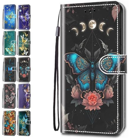 Flip Case for iPhone X XS Patterned Design with Card Holder Leather Wallet Phone Cover for Girls Boys Women Men - Butterfly Moon