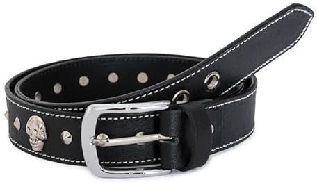 Handcrafted Black Biker Skull and Pyramid stud Handmade leather belt with Matching Leather Wristband Fashion Belt Punk Belt (M)