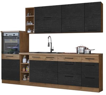 Mirjan24 Küche Woodline IV mit Arbeitsplatte und Spülbecken im Set, Küchenblock/Küchenzeile 9 Schrank-Module frei kombinierbar (Eiche Lancelot/Dark Wood)